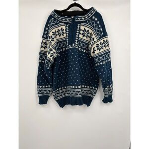 Vintage Hand Knit 100% Wool Nordic Fair Isle Sweater Blue Cream Nepal Mens Large